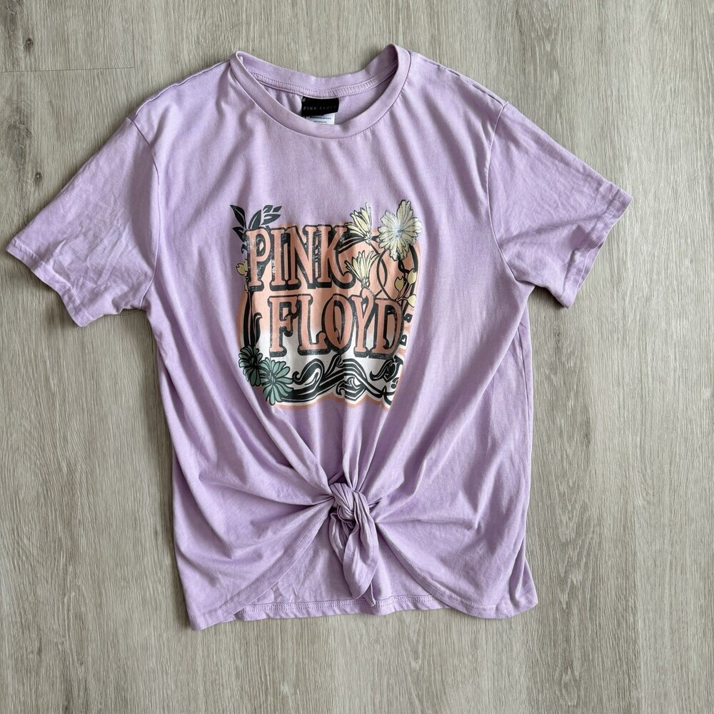 PINK FLOYD T-Shirt Women's Medium Lilac Floral Tie-front Licensed Graphic Tee